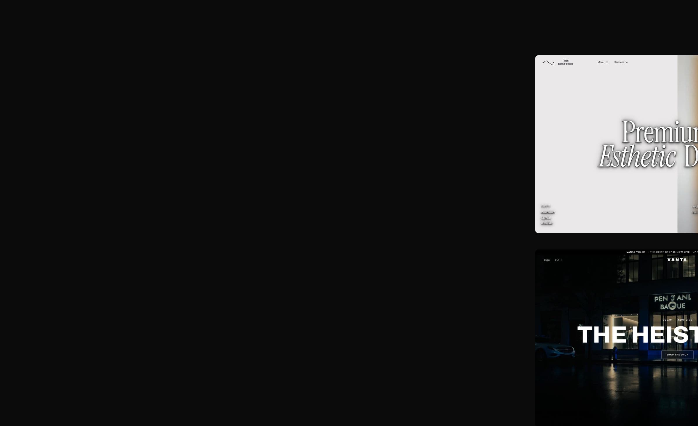 Two UOVA templates on a dark ground: Pearl, an aesthetic dentistry site with a tall serif headline, and Vanta, a streetwear store opening on a night-time film.