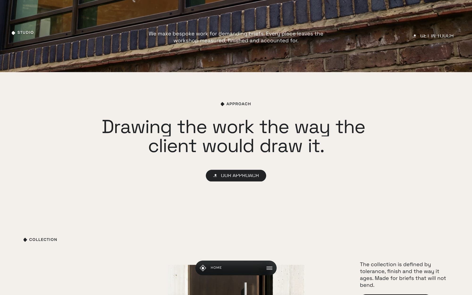Clarion's approach section: one centred sentence on a warm stone background with a single small button beneath it.