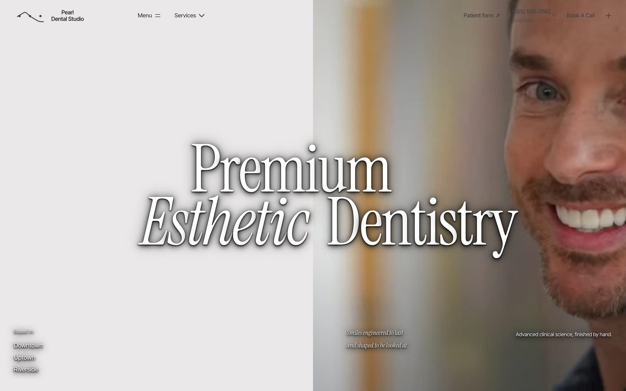 Pearl's hero: the words Premium Esthetic Dentistry in a tall serif with Esthetic in italics, beside a close portrait of a smiling patient.