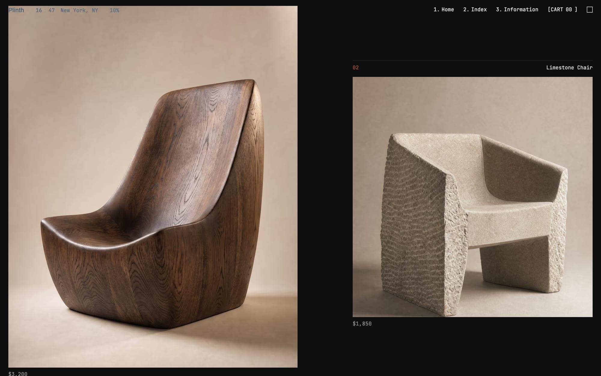 Plinth's catalogue: a carved oak lounge chair and a limestone armchair photographed on warm grey, on a near-black page.