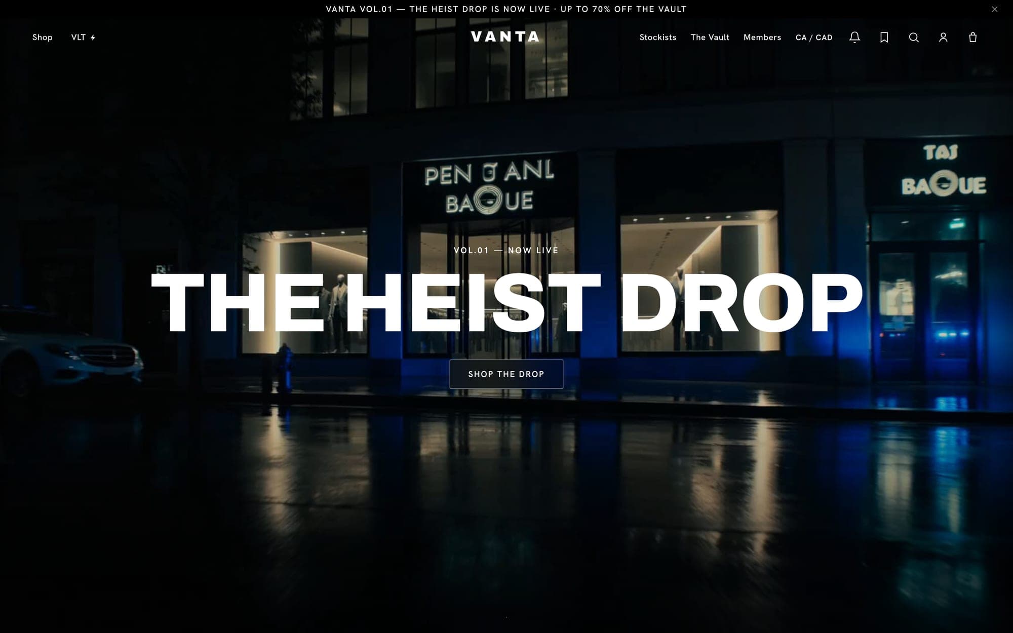 Vanta's hero: THE HEIST DROP in heavy white type over a blue night-time street outside a lit boutique.