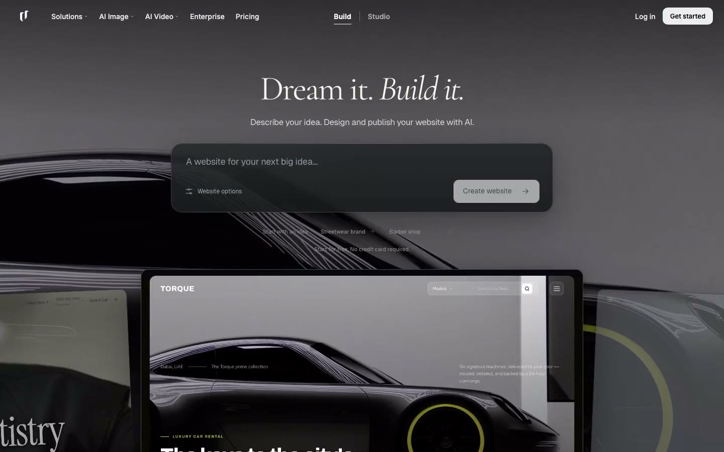 The uova.com home page: a prompt box and a template preview