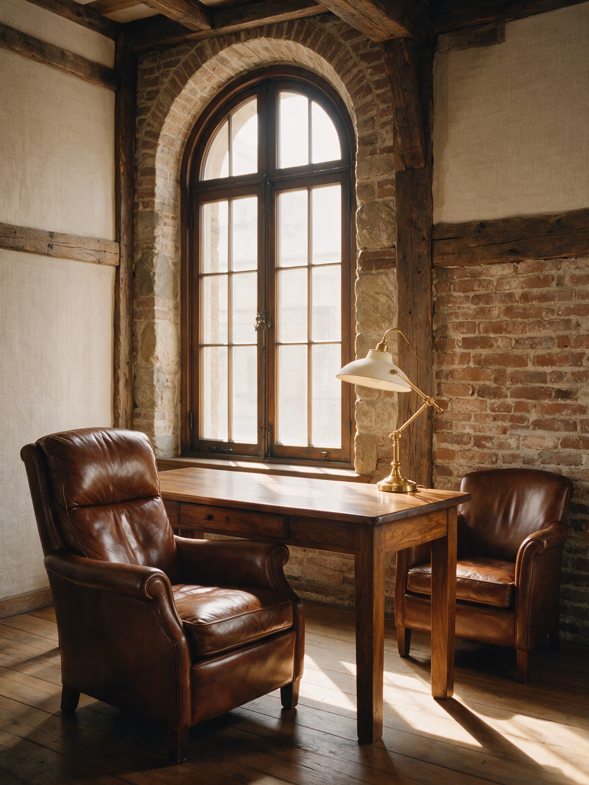 A private suite beneath a tall arched window