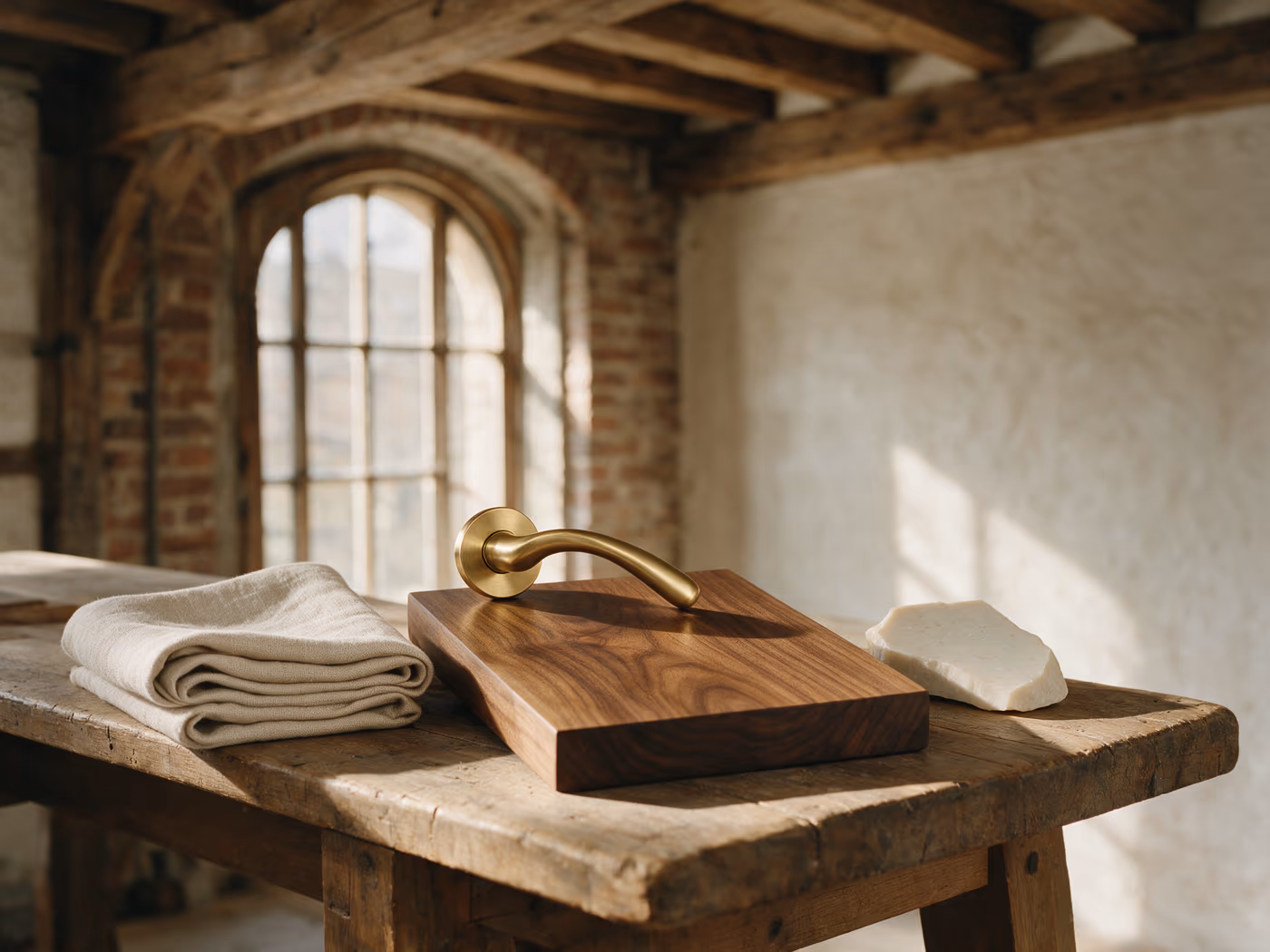 Walnut, brass and linen material study
