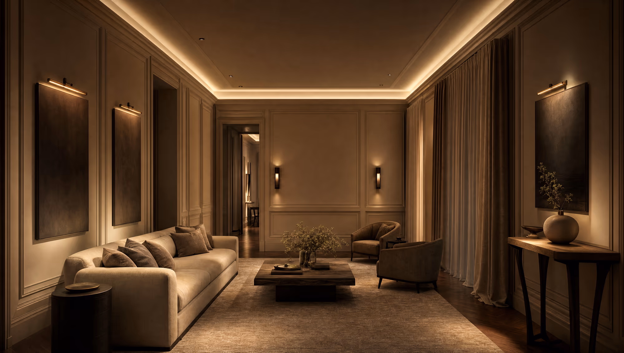 A panelled drawing room, softly lit