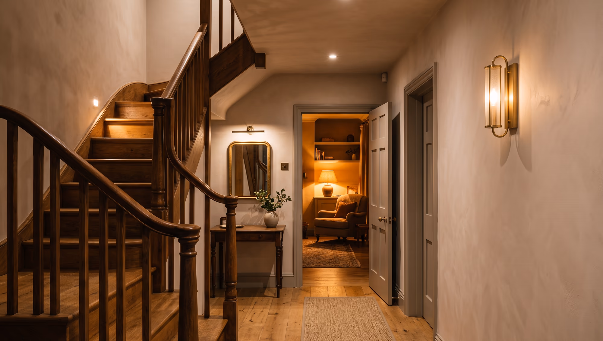 A hallway lit by newly installed circuits