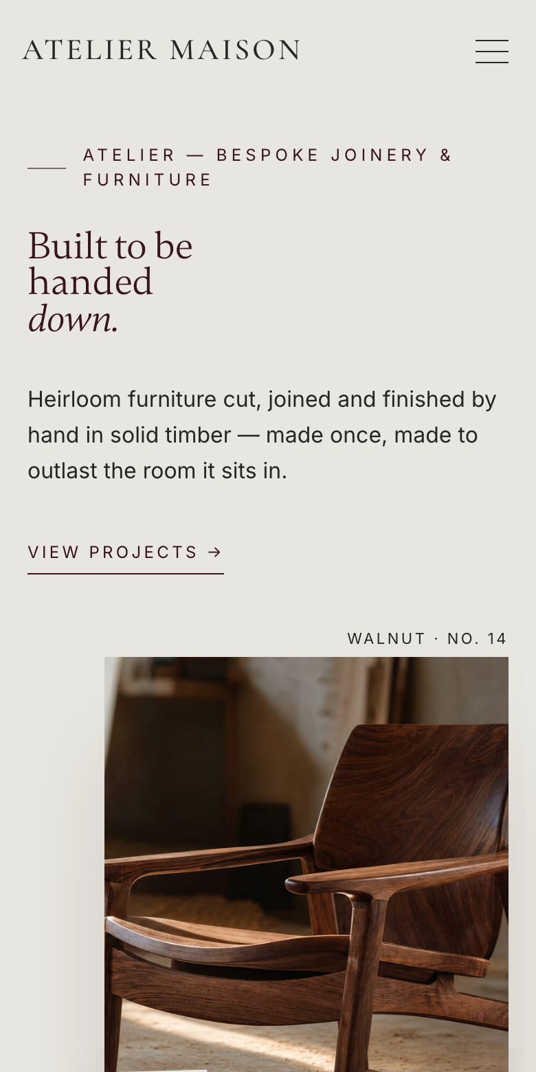 The Atelier Maison template, live on its own domain