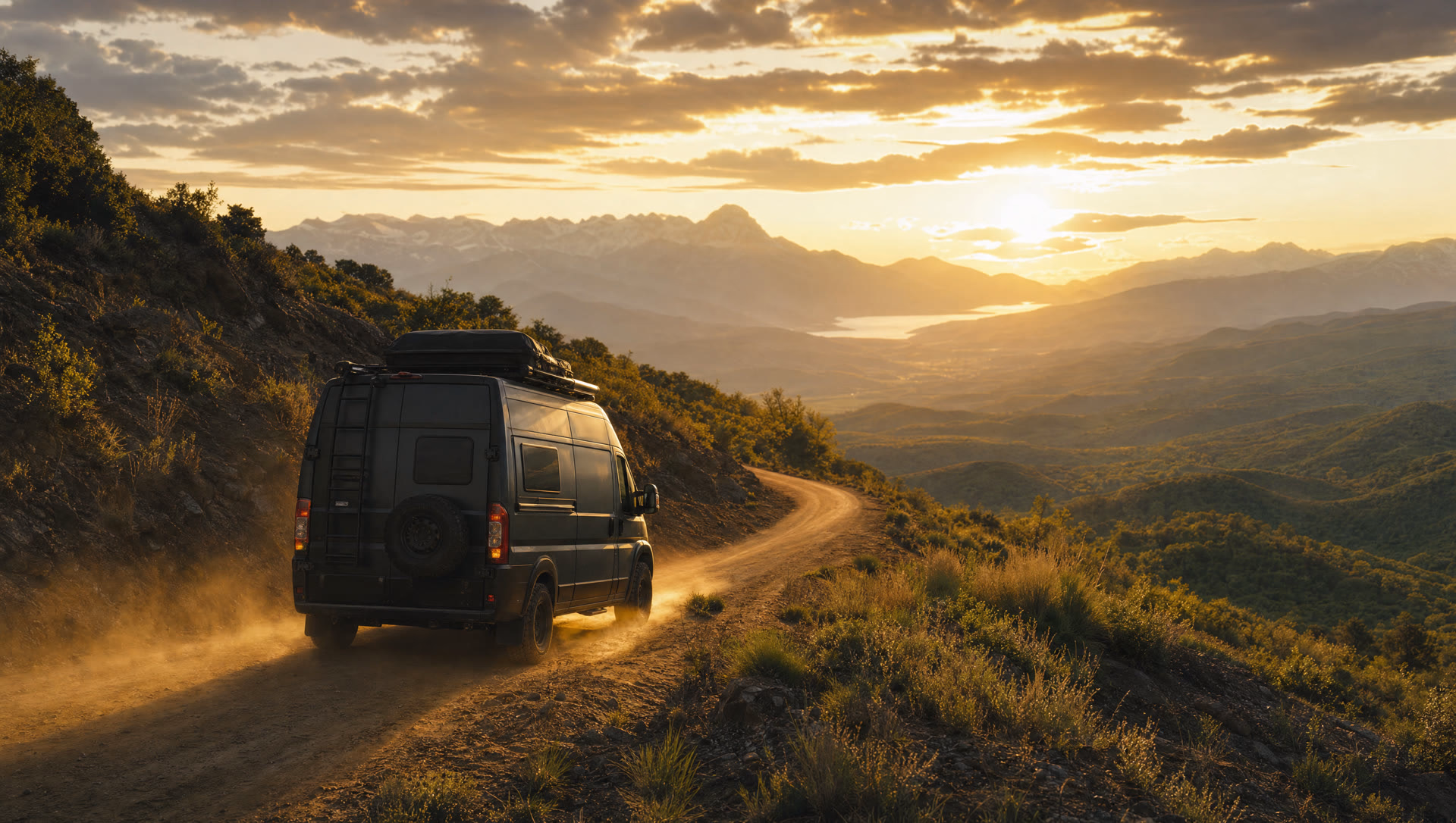 Overland camper van on a mountain road at golden hour