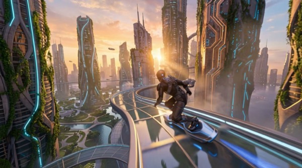 Ground-level render of a green-terraced future skyline at sunrise