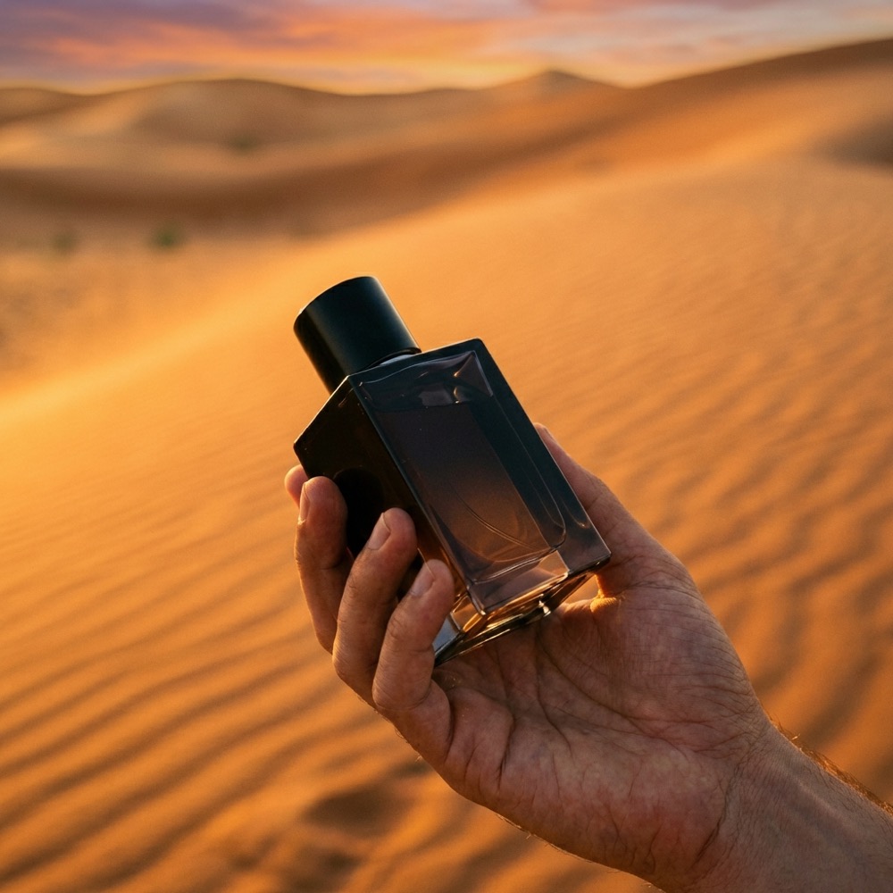 Dark glass bottle held above desert sand, low golden sun