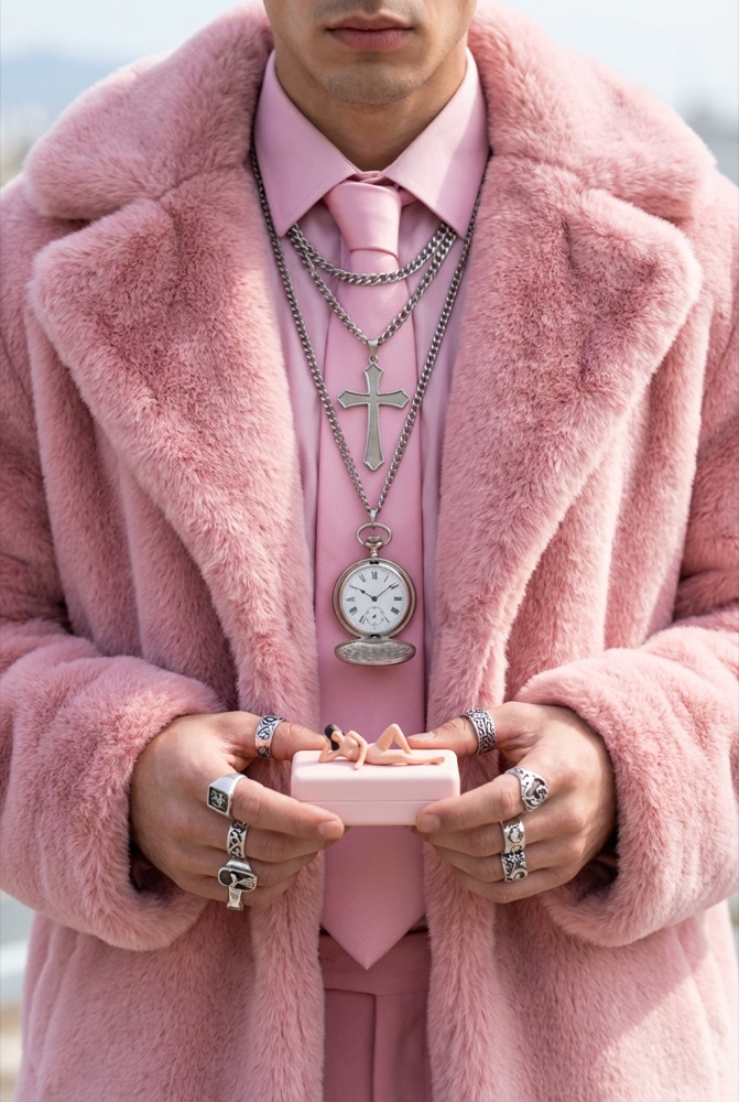 Pink faux-fur coat, pastel studio, high-key fashion portrait
