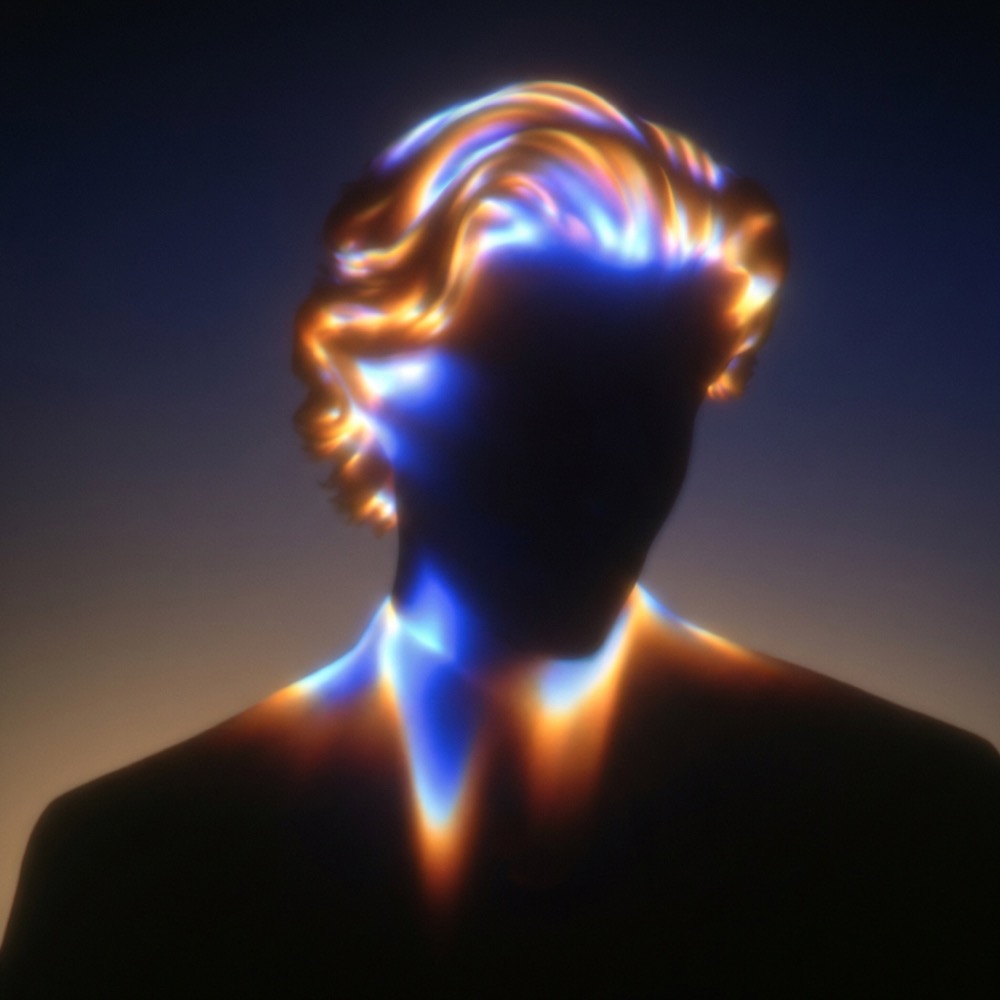 Silhouette drawn in light on black, glowing edge portrait