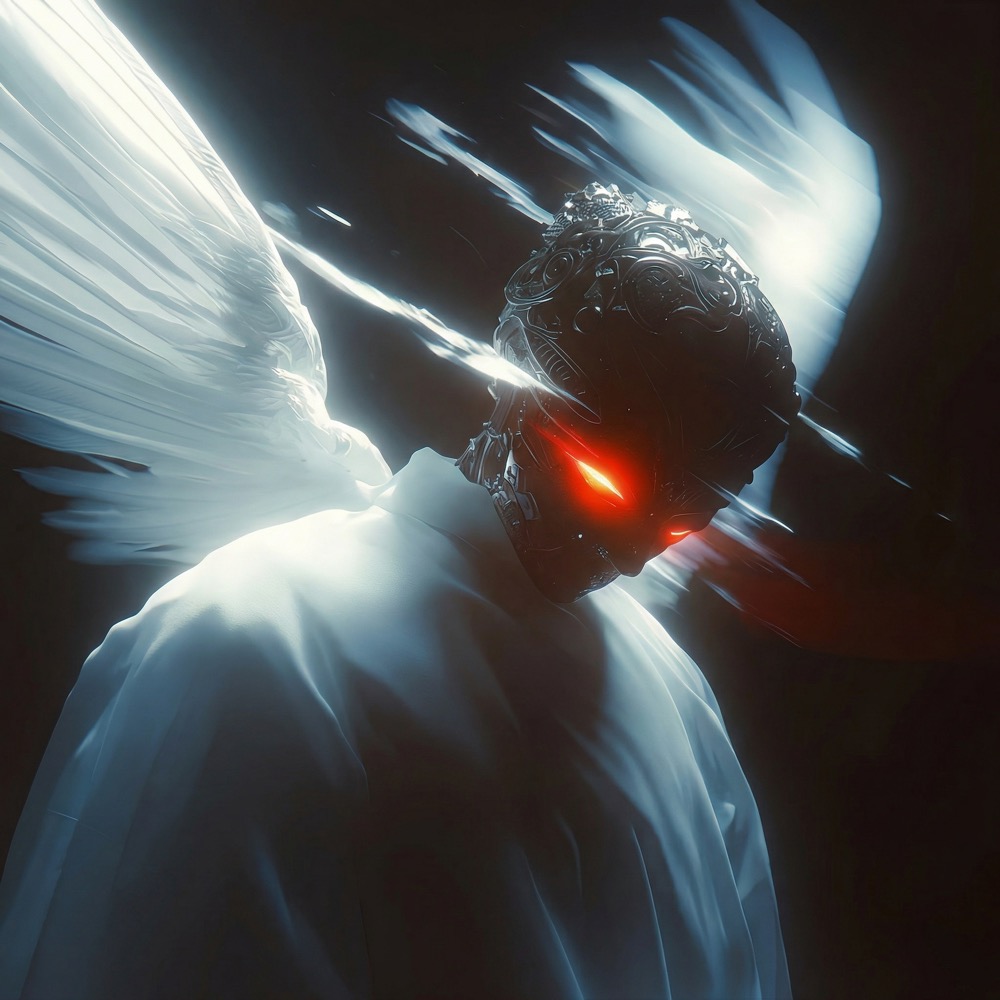 Dark cinematic figure, chrome wings, red light through black