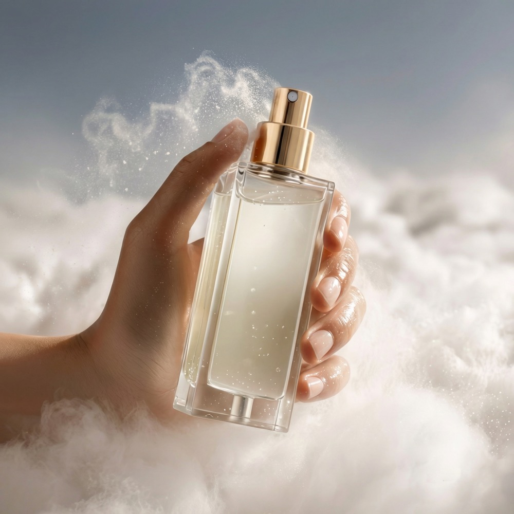 Perfume bottle held in cloud, soft white product still
