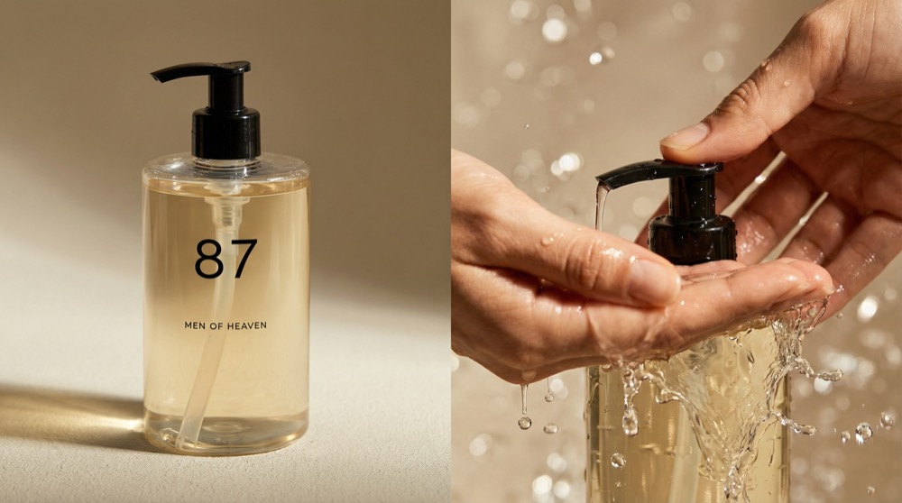 Minimalist amber dispenser, two-frame product study, clean backdrop