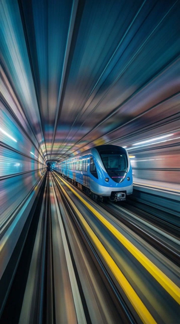 Train at speed, long-exposure motion blur, colour-streaked platform