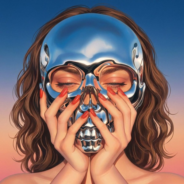 Chrome-mirrored face, hands framing the eyes, surreal beauty study