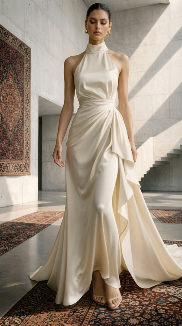 Full-length ivory silk gown, studio floor, single soft key