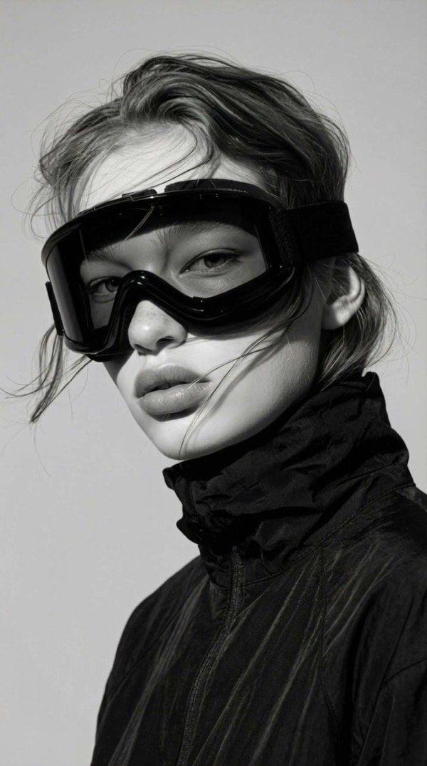 Black-and-white fashion portrait, goggles, pinstripe tailoring
