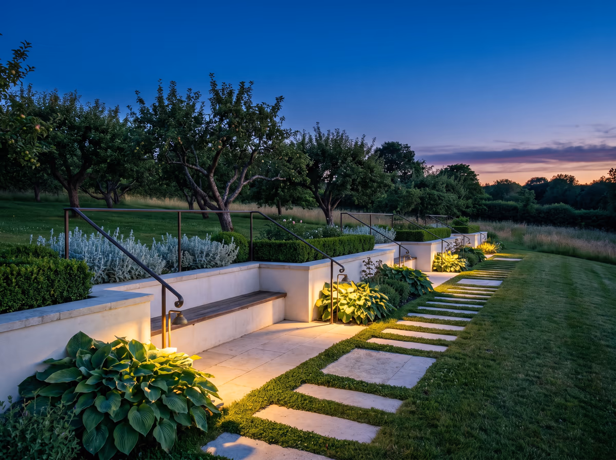 Duskfield — The full brief: three terraces of lawn, an orchard and a meadow edge.