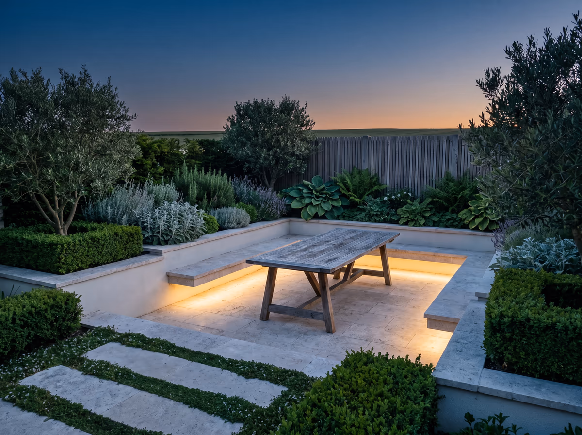 Willowmere — A tired tennis court became a sunken garden with one long table at its centre.