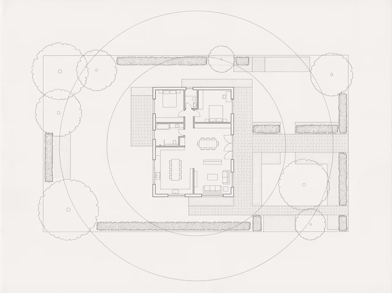 A landscape site plan drawn in hairline on paper