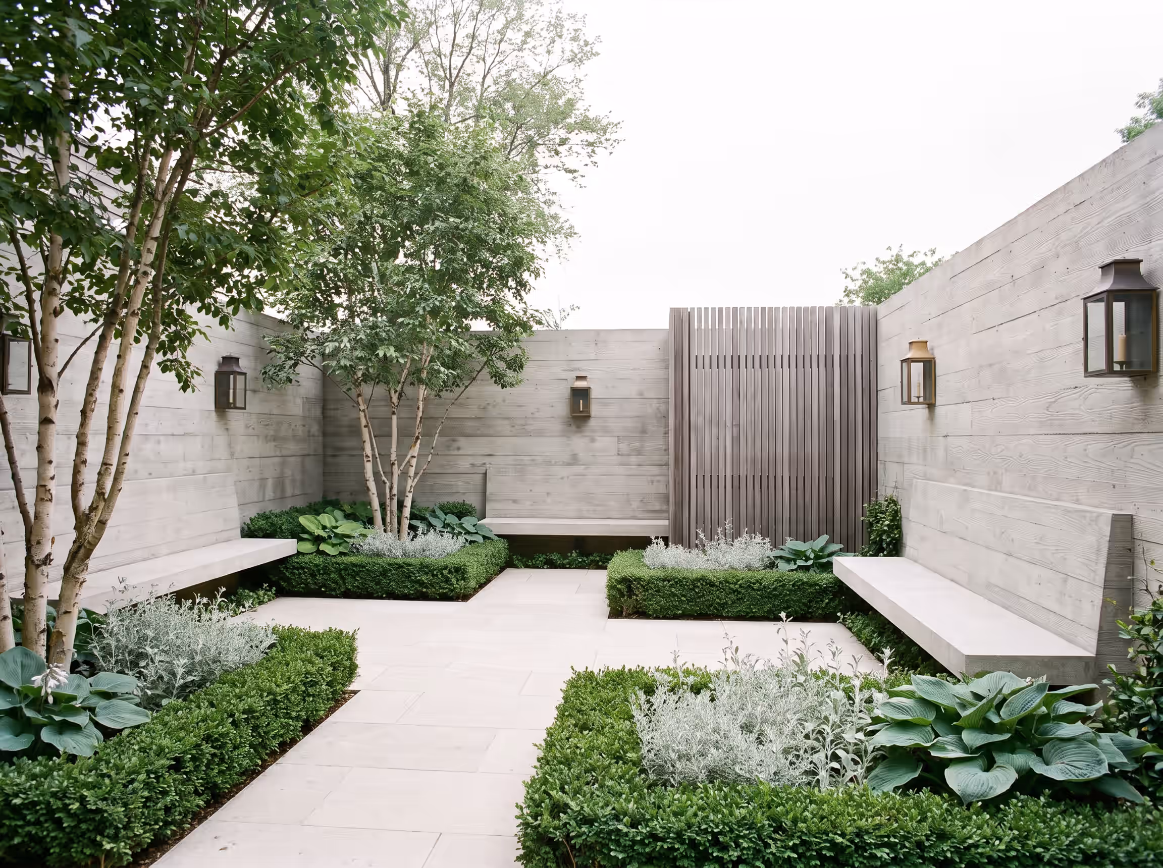 Stonecourt — A narrow side yard rebuilt as a board-formed courtyard garden.