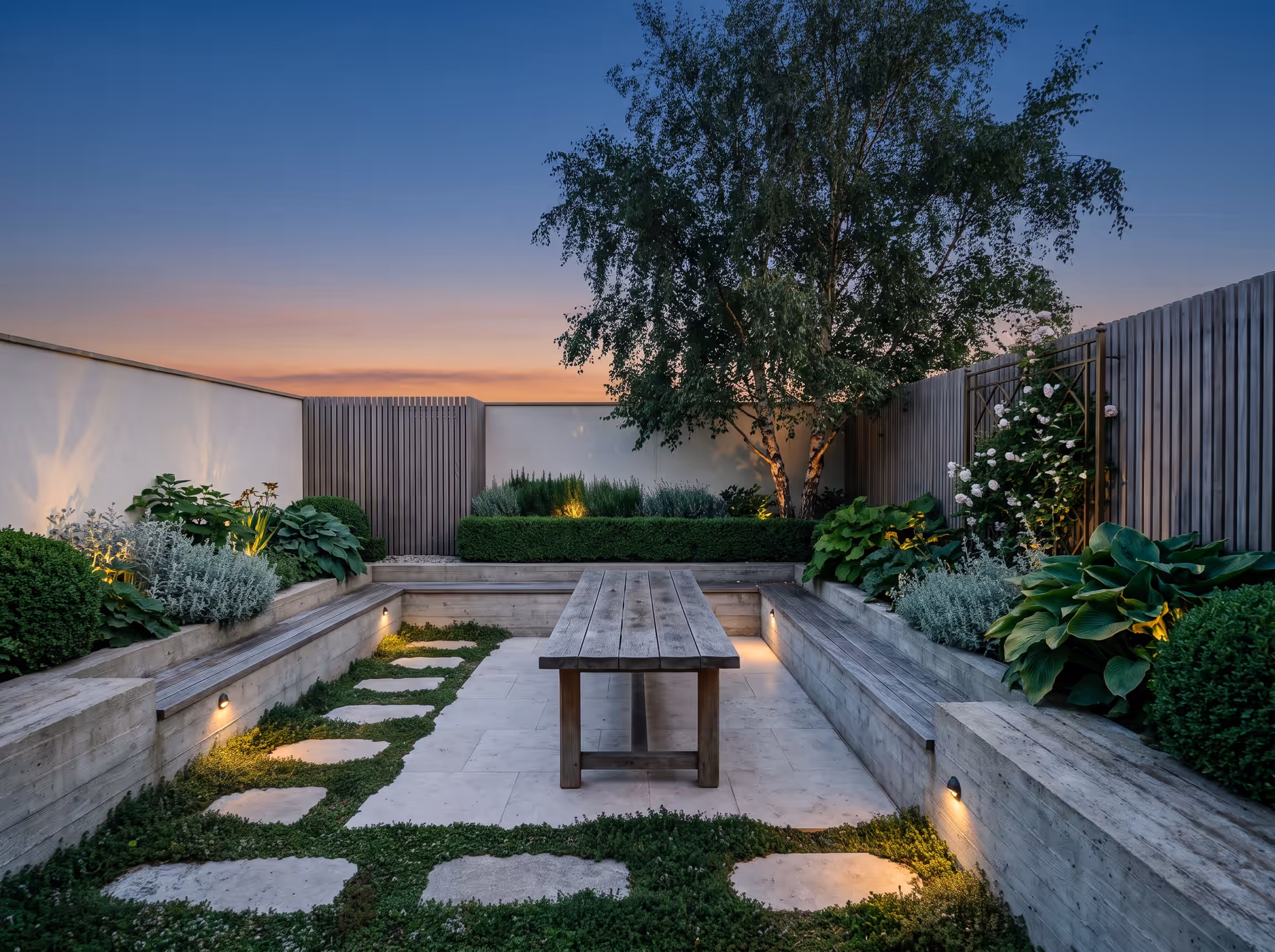 Willowmere — A tired tennis court became a sunken garden with one long table at its centre.