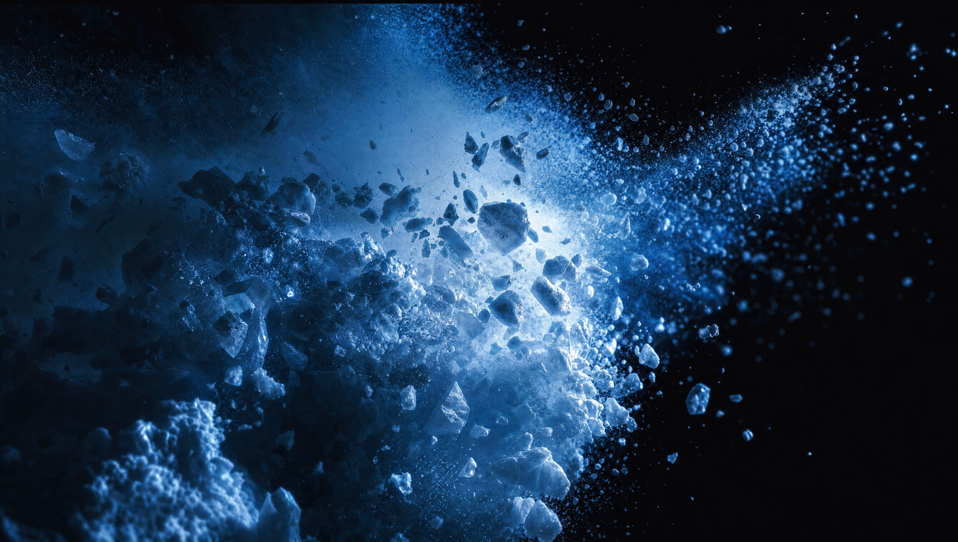 Shattered ice and powder snow in neon-blue light