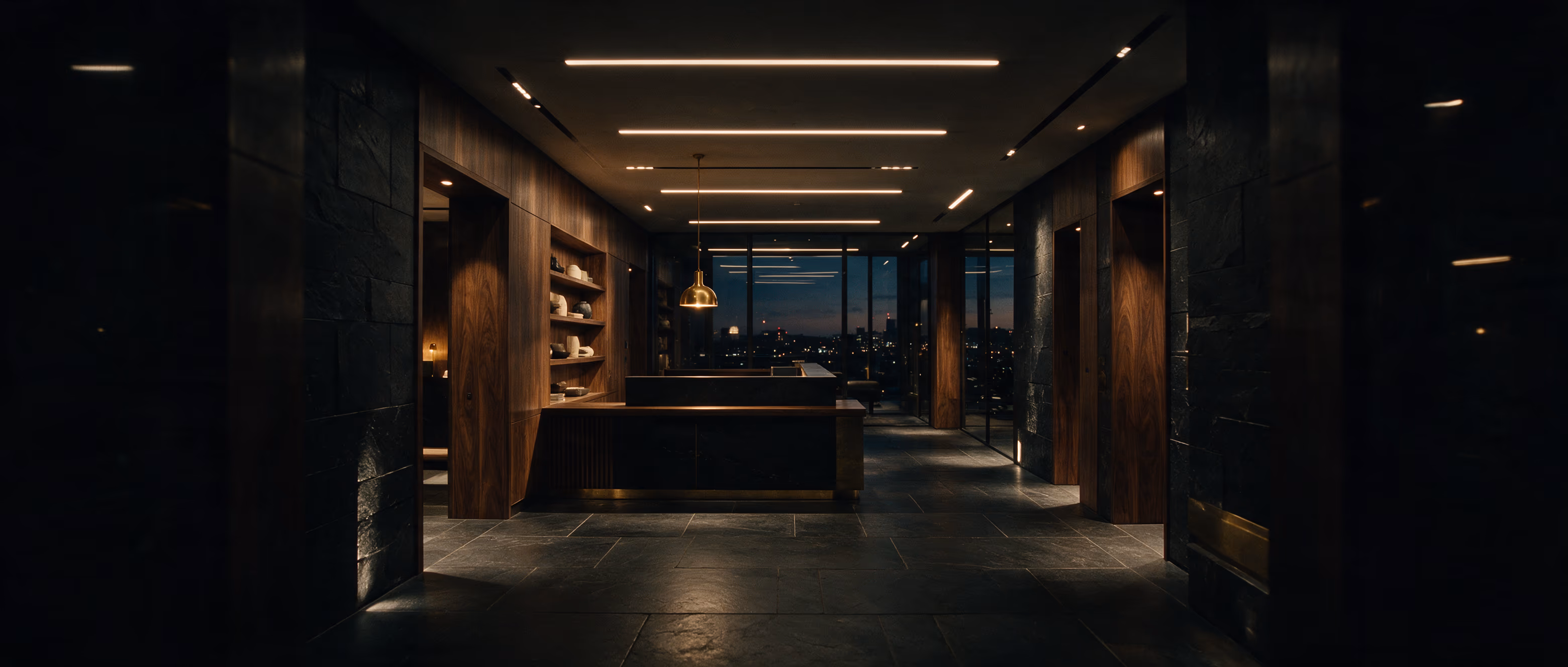 The entrance hall at dusk