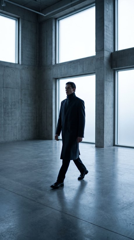 Editorial photograph — a figure in a navy coat in a concrete gallery