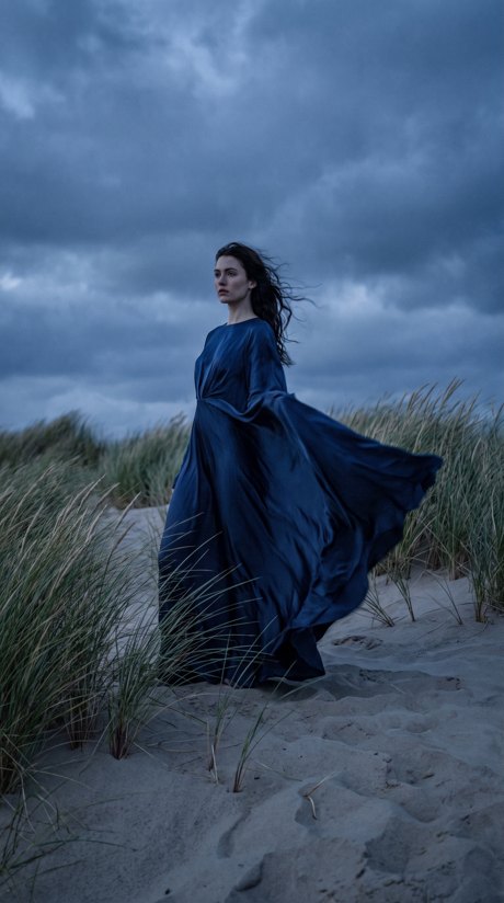 Editorial photograph — a figure in an indigo gown in wind-blown dune grass