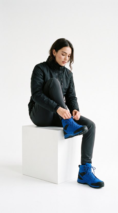 Studio photograph — a figure on a white plinth wearing cobalt-blue boots
