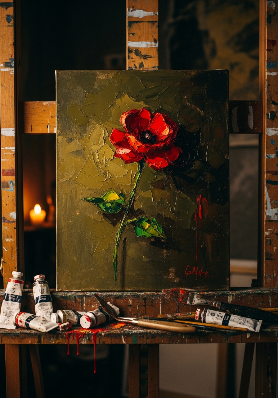 Oil painting on easel