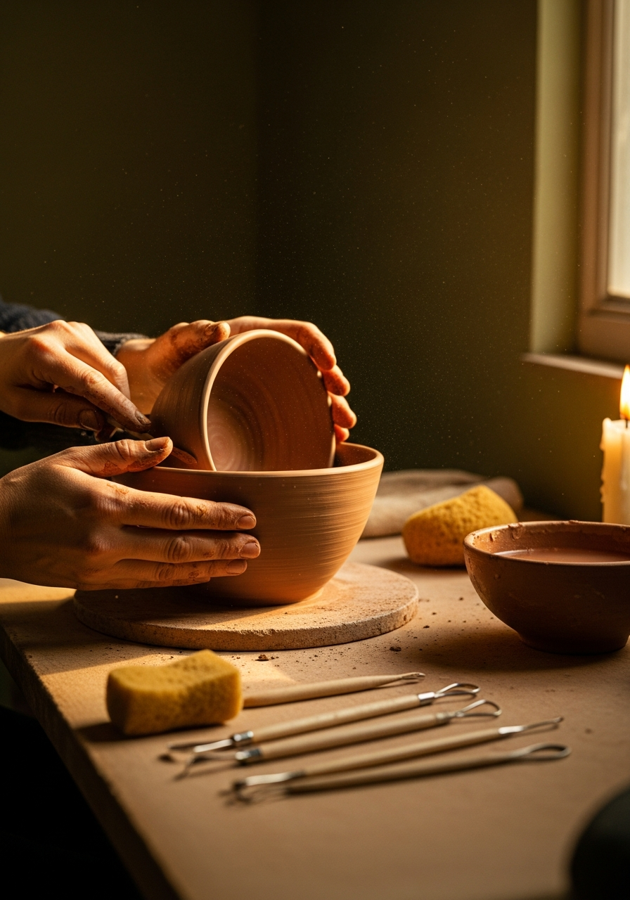 Finishing a terracotta bowl