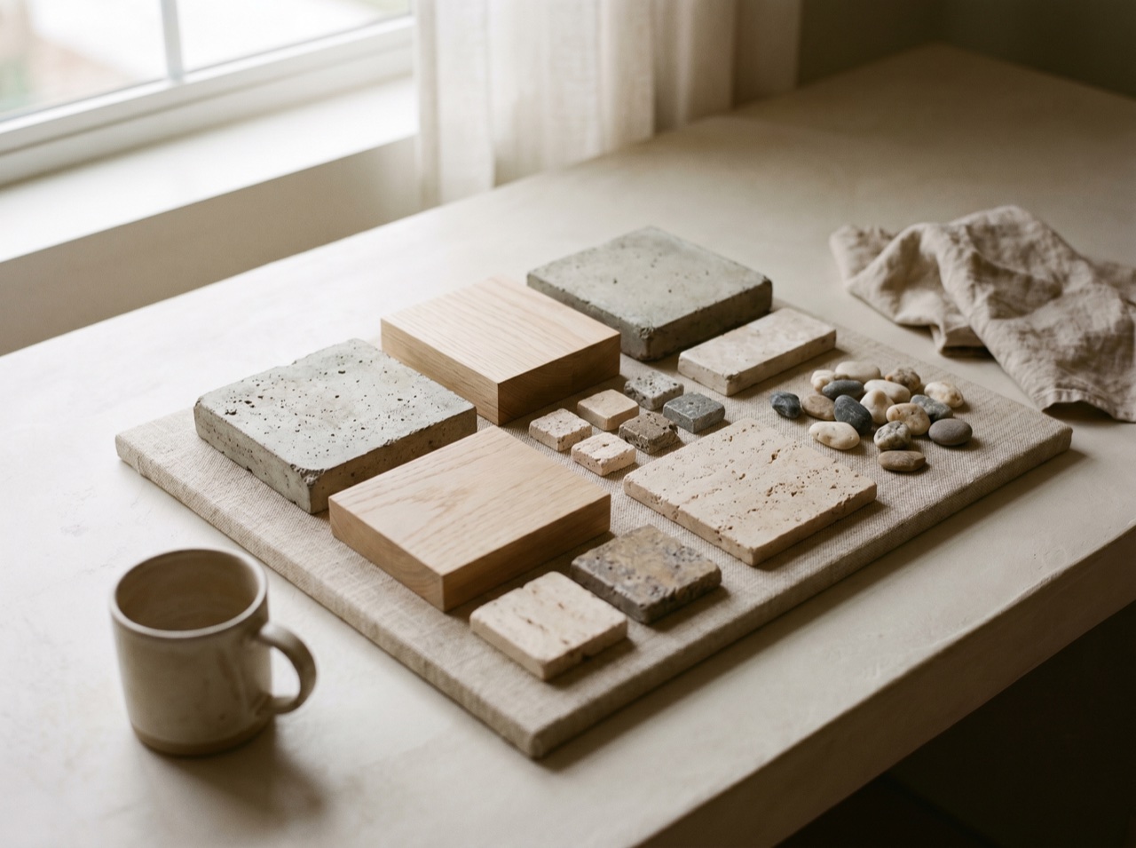 A detail of a material sample board on a minimalist desk
