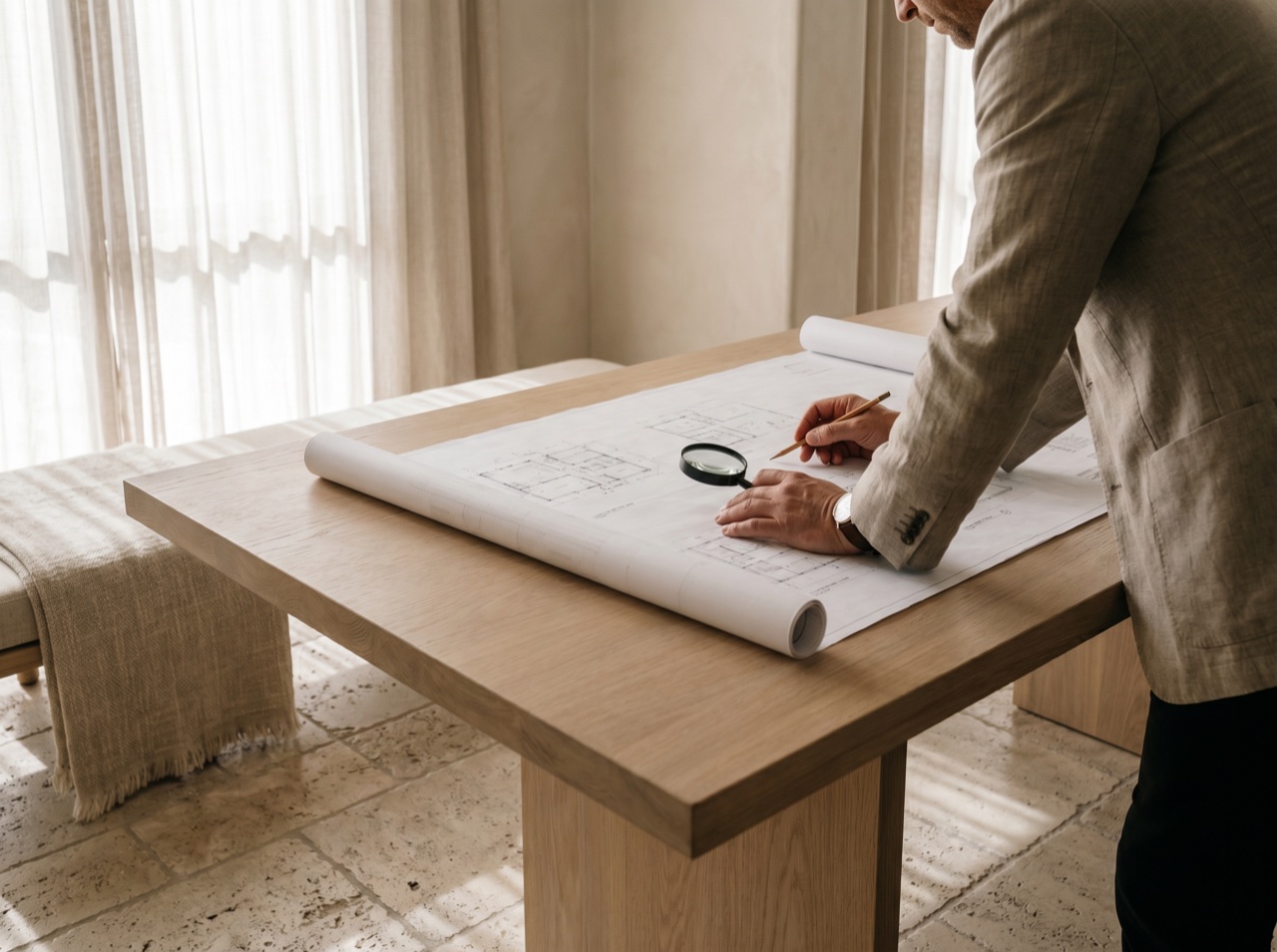 An architect reviewing drawings at a bright minimal workspace