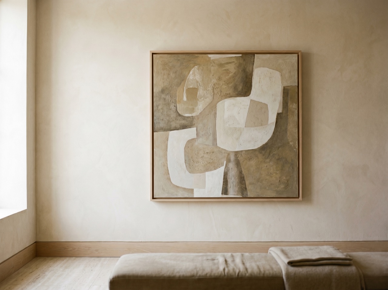 A framed artwork on a pale plaster gallery wall in soft daylight