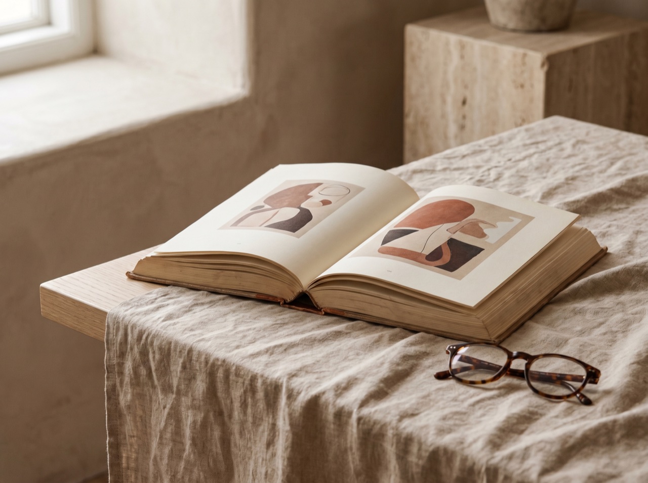 An open artist monograph and reading glasses on a linen surface