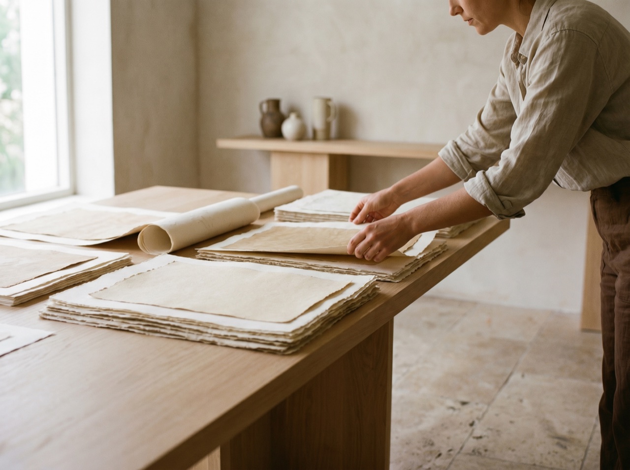 An artist arranging works on paper in a bright minimal studio