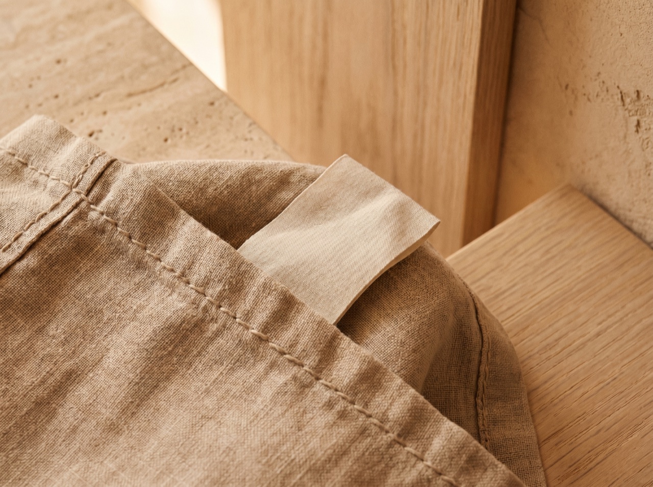 A detail of stitched fabric and a folded label in warm light