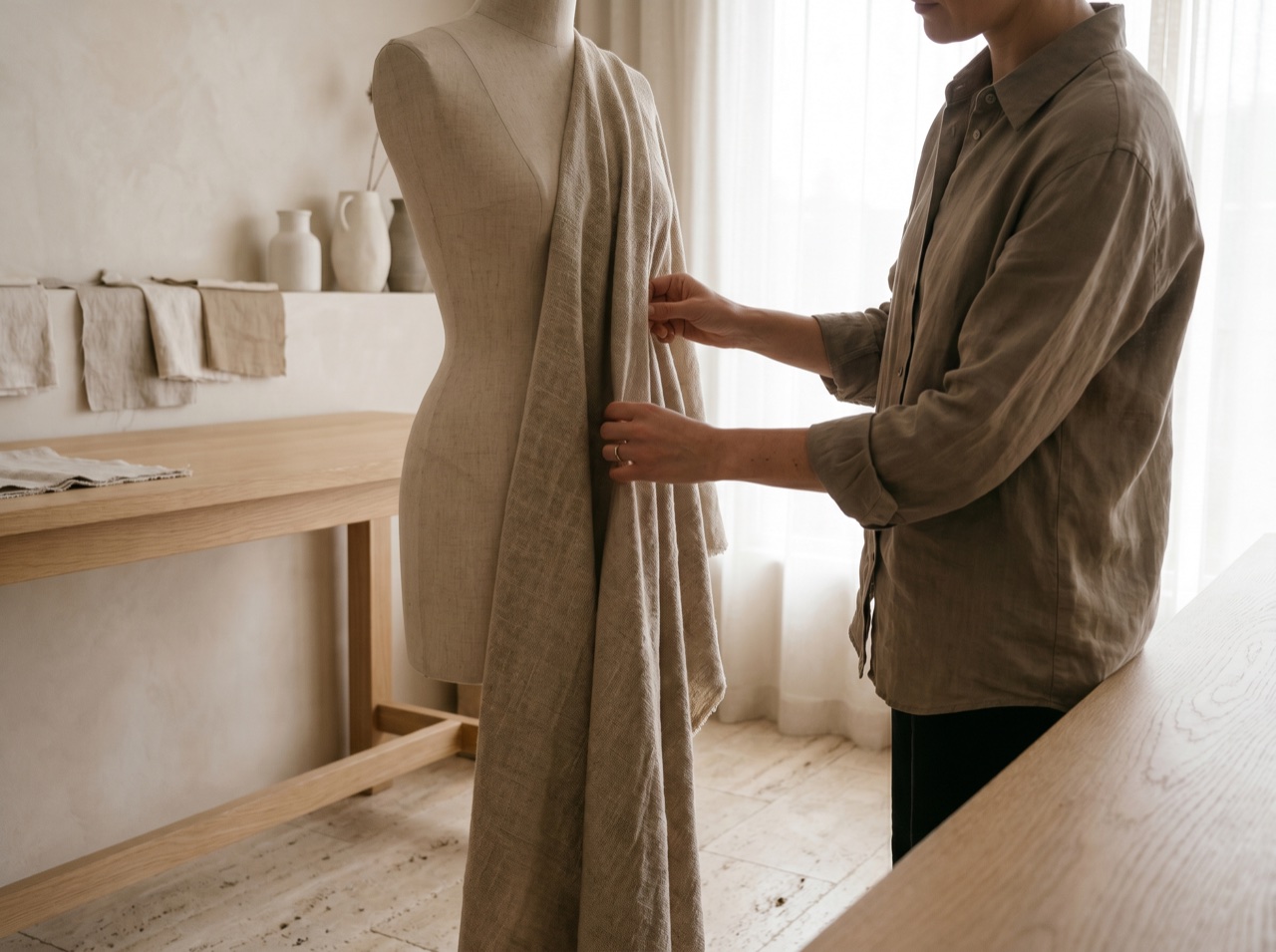 A stylist arranging a garment on a form in a bright studio
