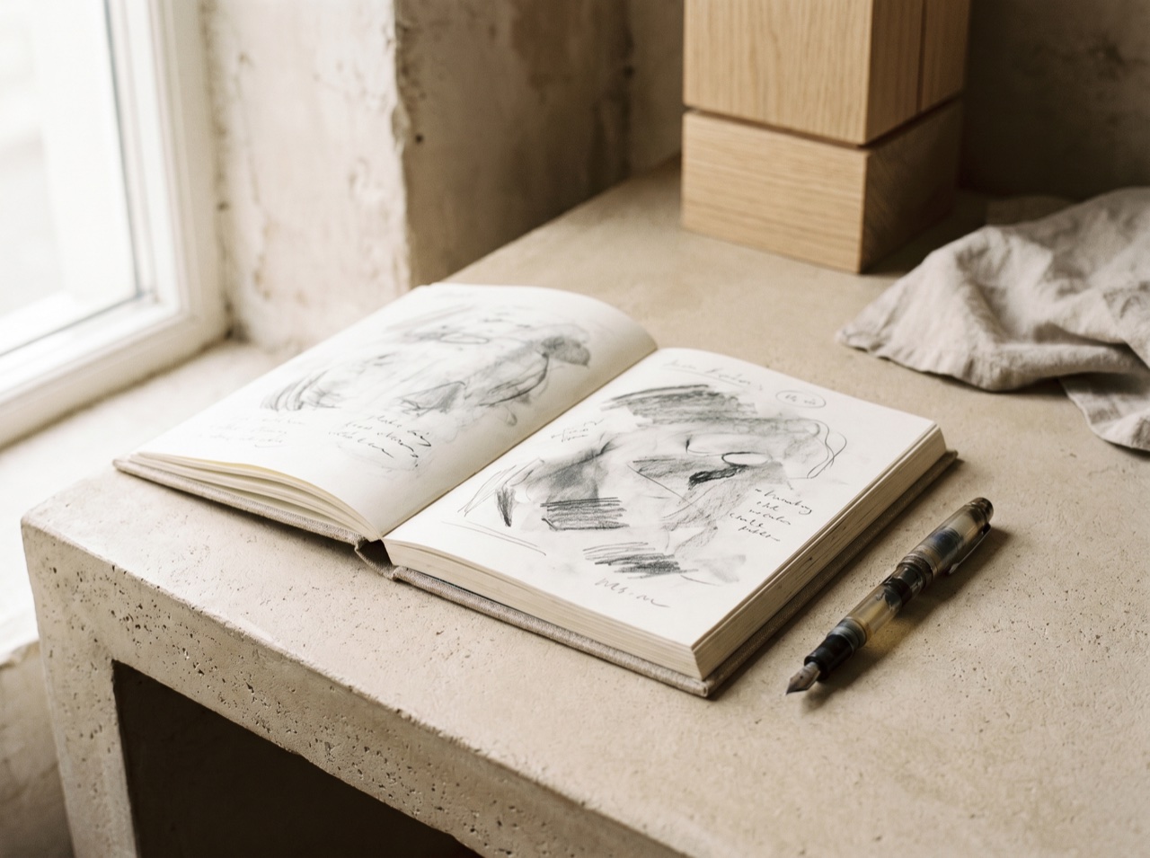 A designer's open sketchbook and pen on a pale concrete desk
