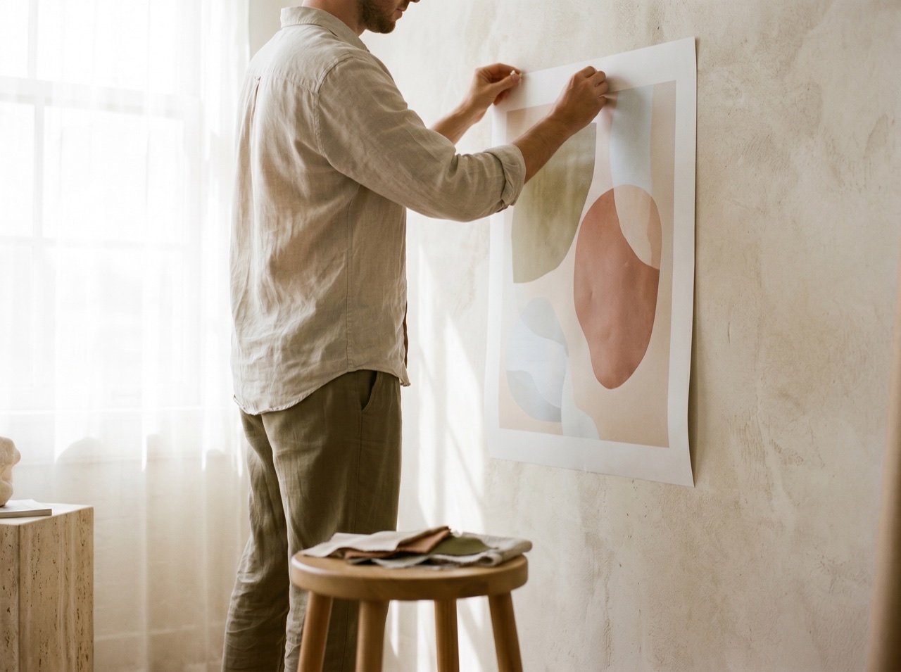 A designer arranging printed posters on a calm studio wall