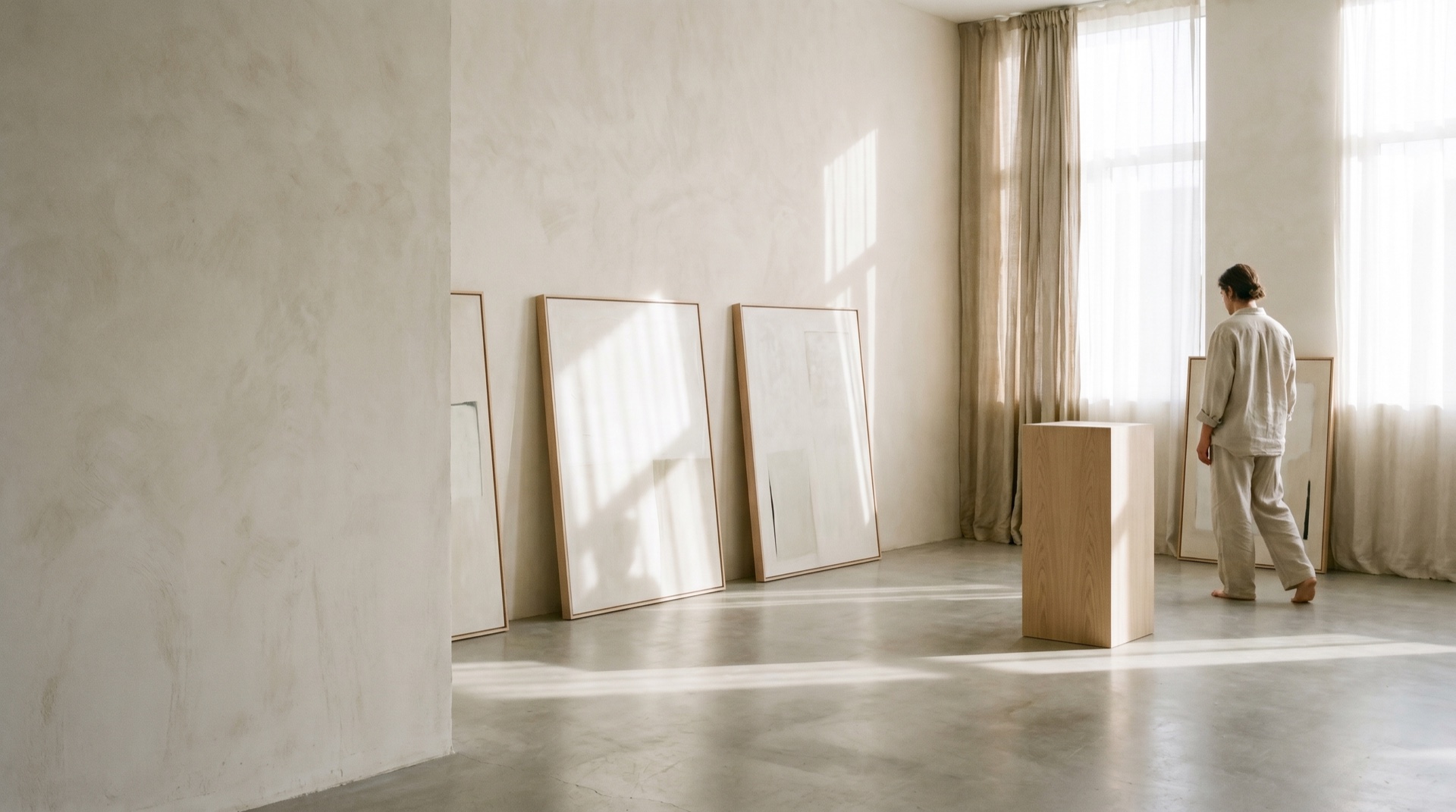 A quiet sunlit creative studio with framed work on a pale plaster wall and generous negative space