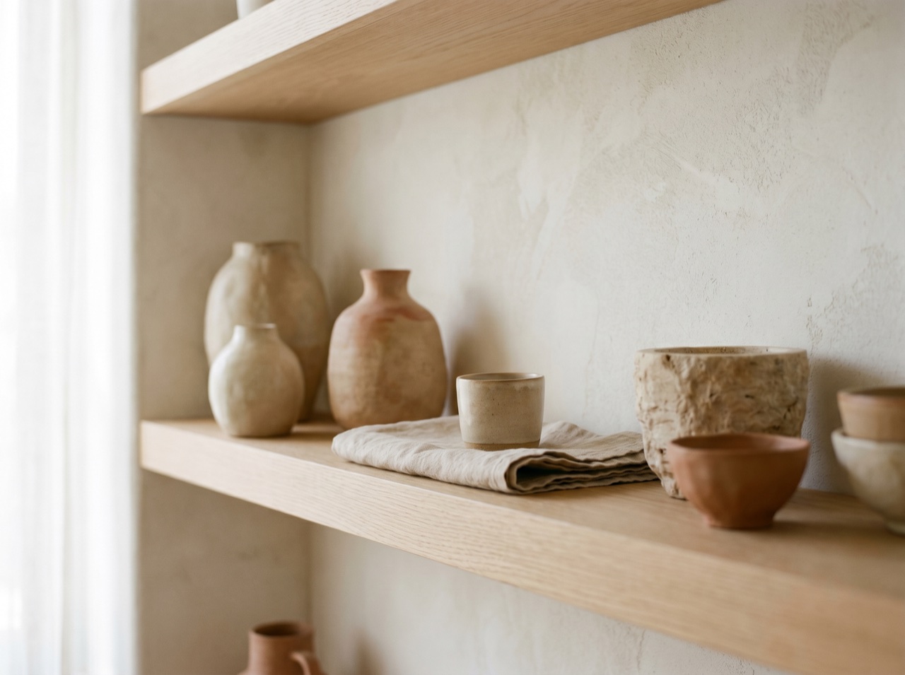 A detail of a styled shelf with ceramics and a stone vessel