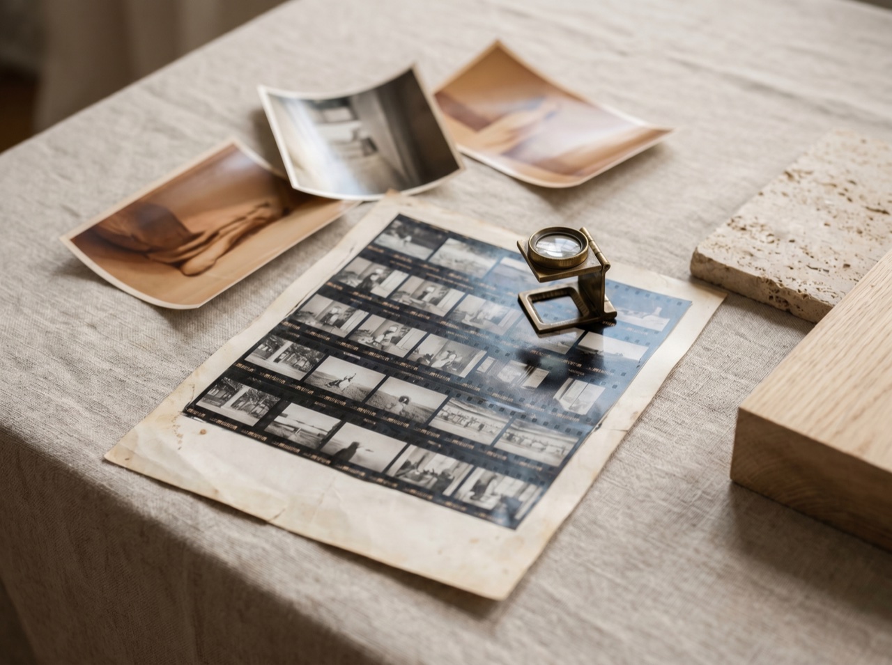 A photographer's contact sheet and loupe arranged on a linen surface