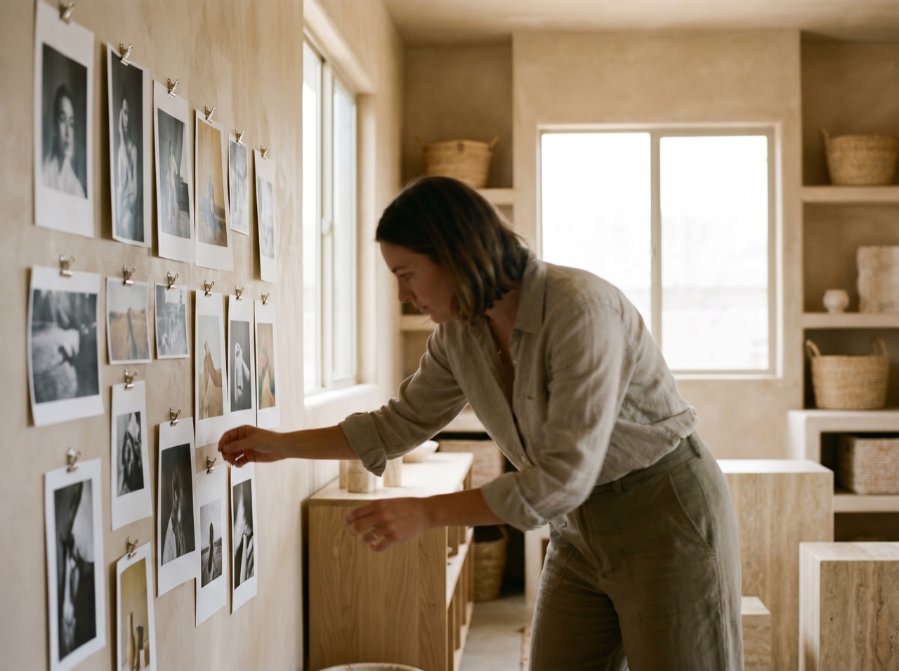 A photographer selecting prints pinned to a bright studio wall