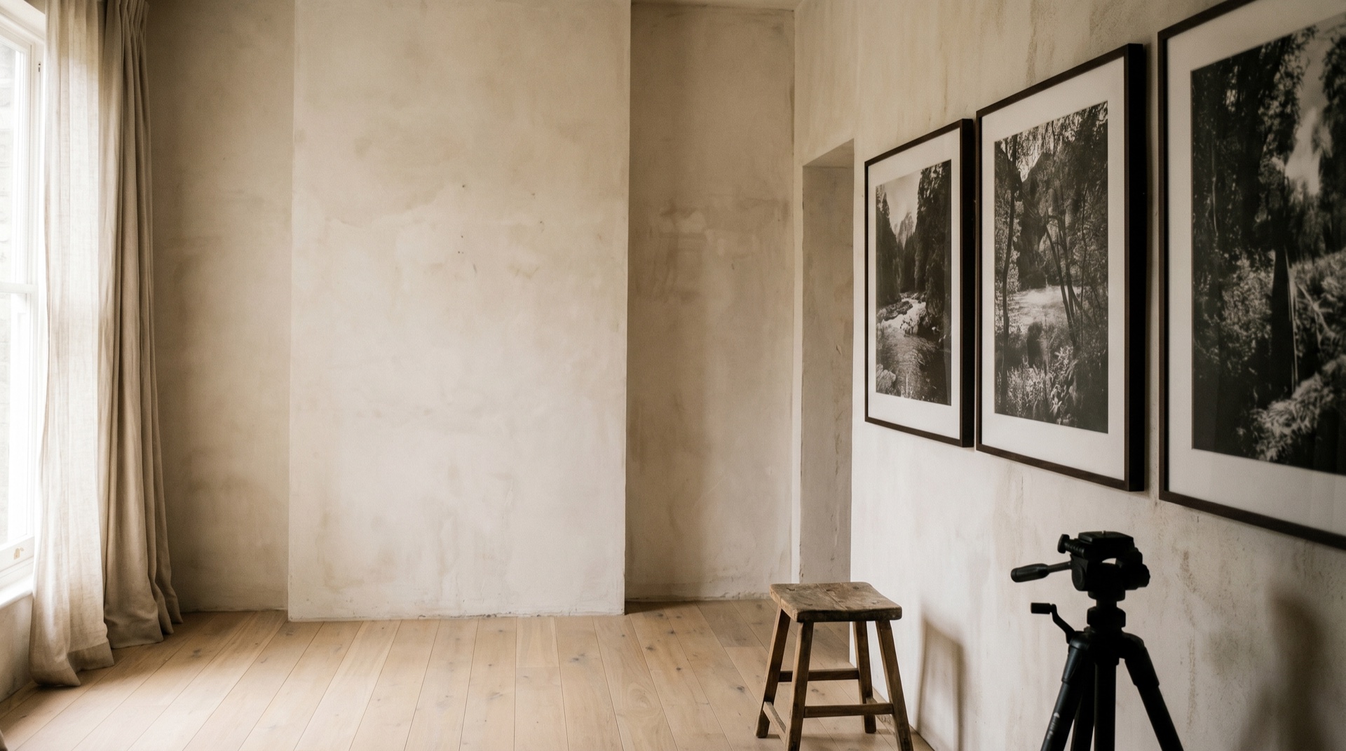 A quiet sunlit photography studio with prints on a pale wall