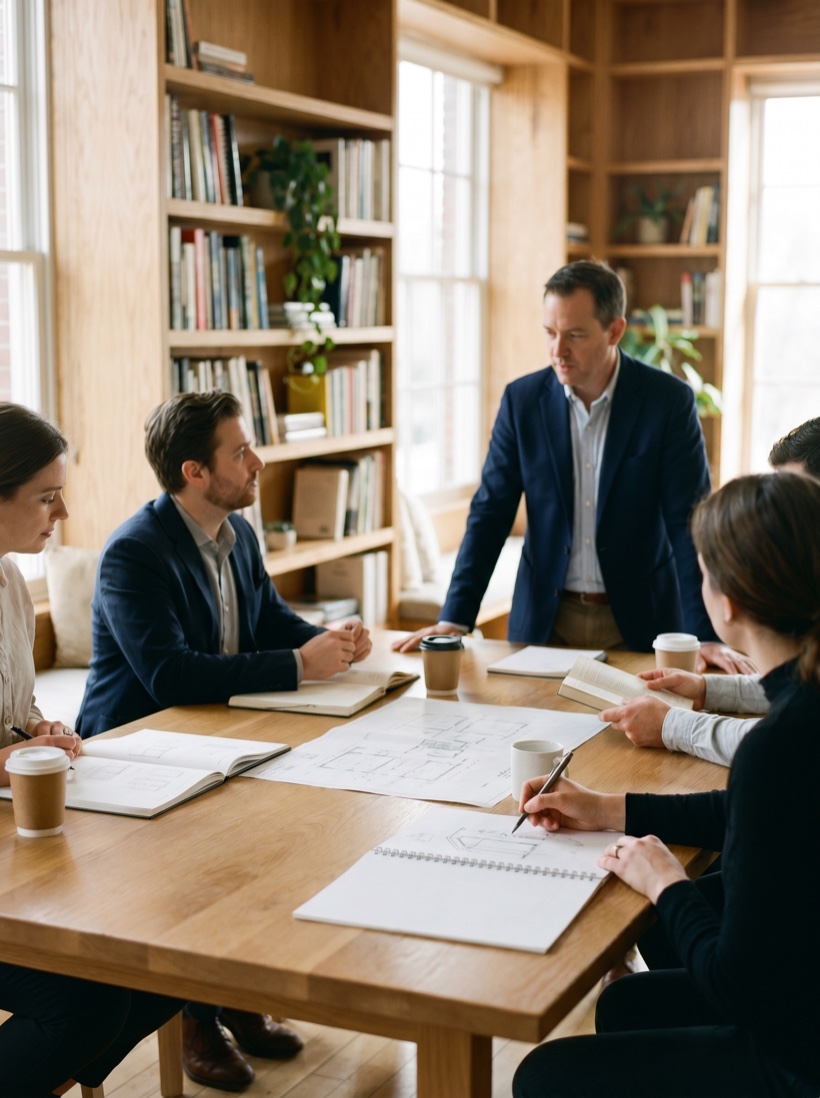 A focused professional workshop in a bright modern room — a facilitator and a small team mid-session, considered and credible
